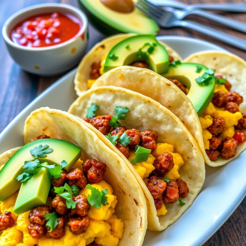 Breakfast tacos with eggs and chorizo, garnished with avocado and cilantro, on a rustic table with salsa.